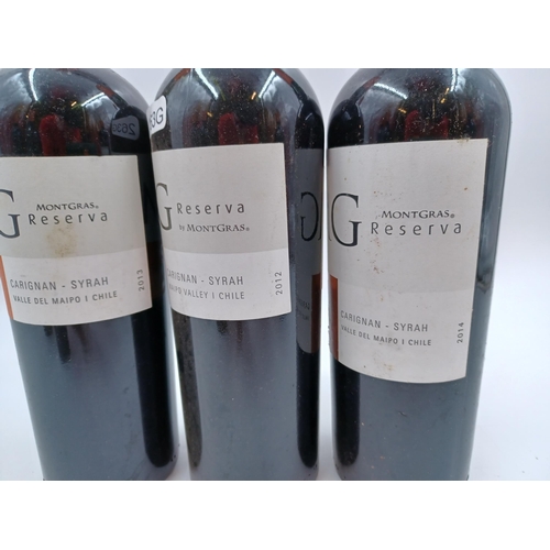 627 - Six 75cl bottles of Chilean MontGras MG Reserva Carignan/Syrah red wine, one 2012, three 2013 and tw... 