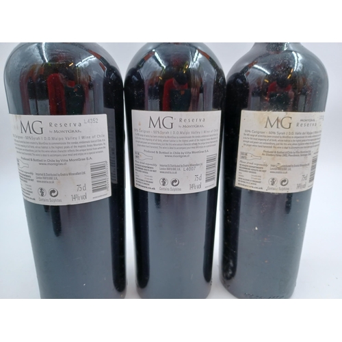 627 - Six 75cl bottles of Chilean MontGras MG Reserva Carignan/Syrah red wine, one 2012, three 2013 and tw... 