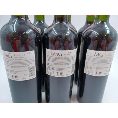 627 - Six 75cl bottles of Chilean MontGras MG Reserva Carignan/Syrah red wine, one 2012, three 2013 and tw... 