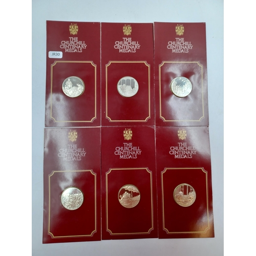 1231 - Six packaged John Pinches Medallists Ltd. hallmarked 925 silver proof Churchill Centenary medals