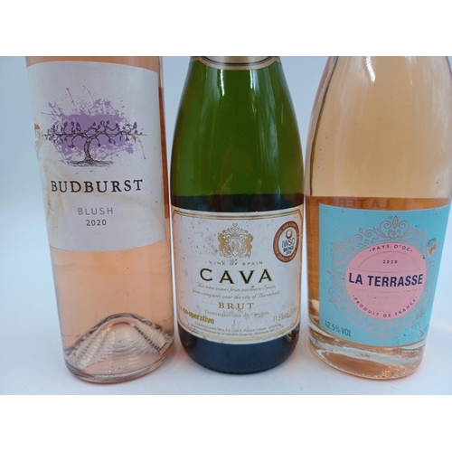 633 - Three 75cl bottles of wine, one 2020 Budburst Blush Pinot Grigio rosé - bottled at 13%, one brut Cav... 