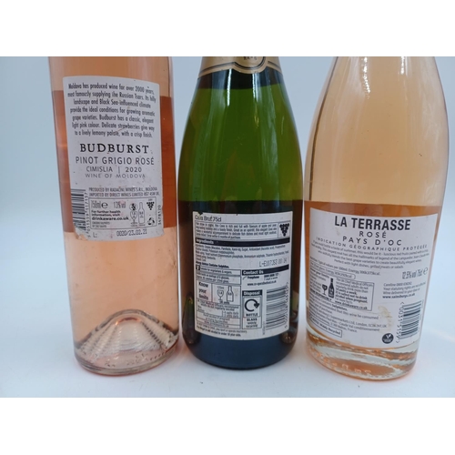 633 - Three 75cl bottles of wine, one 2020 Budburst Blush Pinot Grigio rosé - bottled at 13%, one brut Cav... 