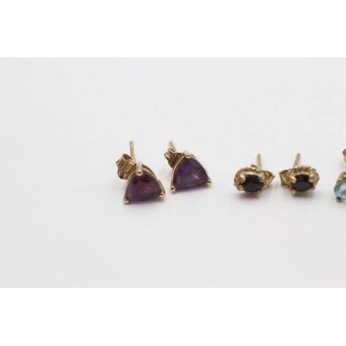 1009 - Three pairs of 9ct gold gemstone stud earrings, one amethyst, one tourmaline and one sapphire - appr... 