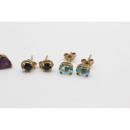 1009 - Three pairs of 9ct gold gemstone stud earrings, one amethyst, one tourmaline and one sapphire - appr... 