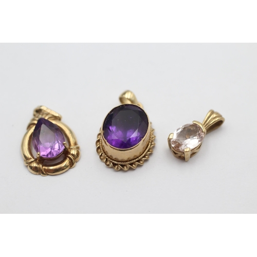 1029 - Three 9ct gold gemstone solitaire pendants, two amethyst and one morganite - approx. gross weight 5 ... 