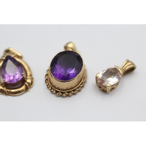 1029 - Three 9ct gold gemstone solitaire pendants, two amethyst and one morganite - approx. gross weight 5 ... 