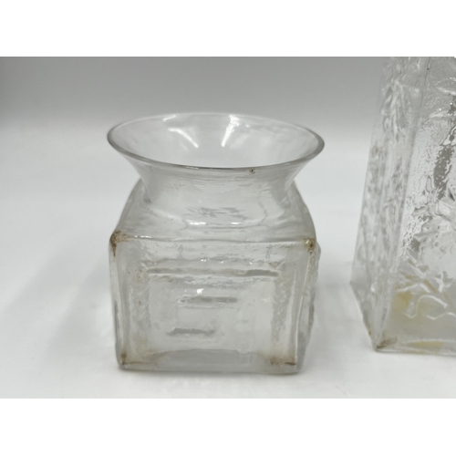 243 - Two pieces of studio glass, one Dartington Greek key square squat vase and one floral 21cm table lam... 