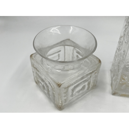 243 - Two pieces of studio glass, one Dartington Greek key square squat vase and one floral 21cm table lam... 