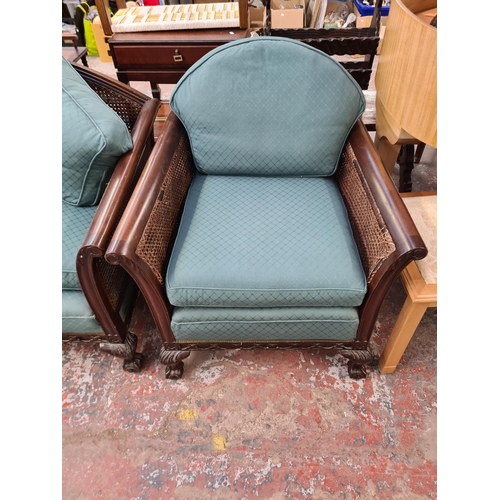 139 - A Georgian style mahogany and rattan bergere three piece lounge suite comprising three seater sofa a... 