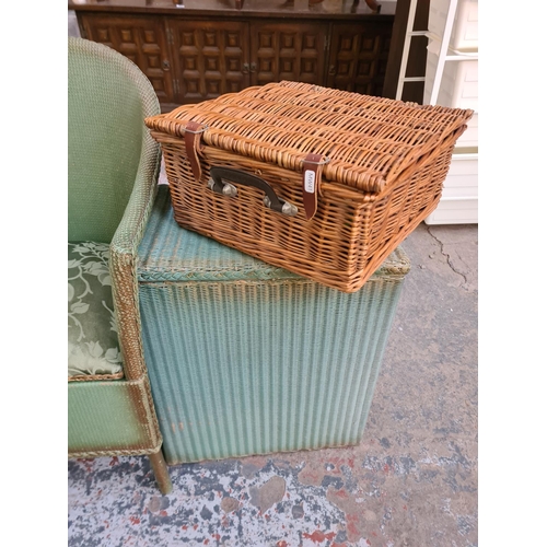 14 - Five items to include Brexton wicker picnic basket with contents, Lloyd Loom style wicker tub chair,... 