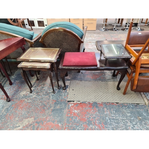 142 - A collection of house clearance furniture to include mid 20th century beech and green vinyl stool, Q... 