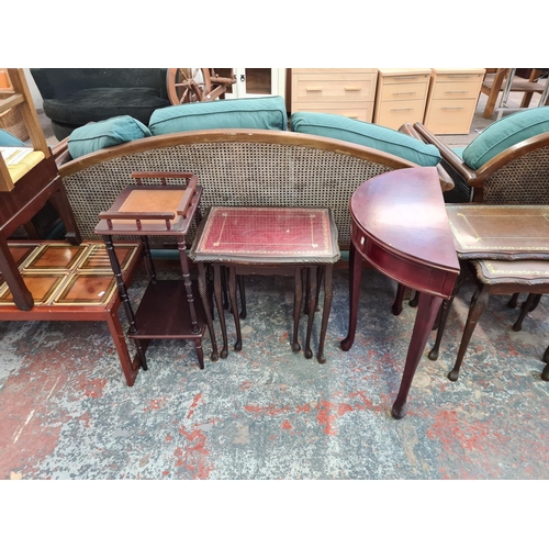 142 - A collection of house clearance furniture to include mid 20th century beech and green vinyl stool, Q... 