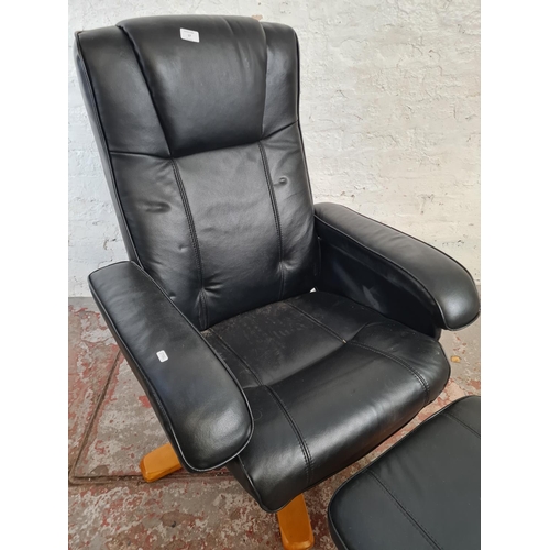 17 - A Stressless style black leatherette swivel reclining armchair and stool