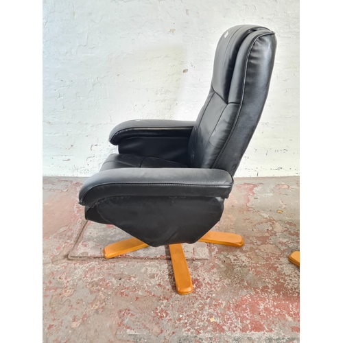 17 - A Stressless style black leatherette swivel reclining armchair and stool