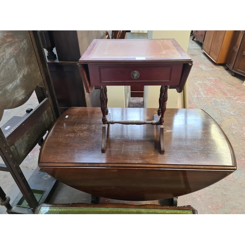 33 - Four pieces of furniture, Regency style mahogany and tan leather drop leaf occasional table, oak dro... 