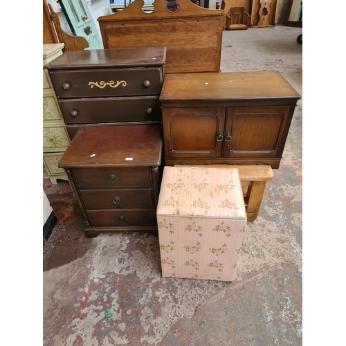 63 - Seven pieces of house clearance furniture to include walnut two tier bookcase, mahogany bedside ches... 