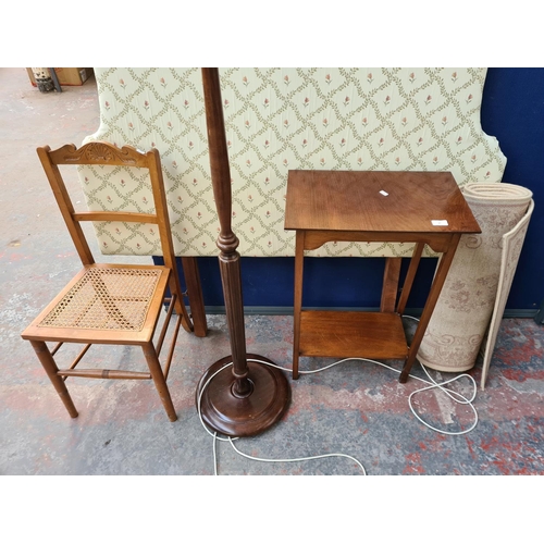 67 - Five pieces of furniture to include Edwardian beech and rattan occasional chair, mahogany standard l... 