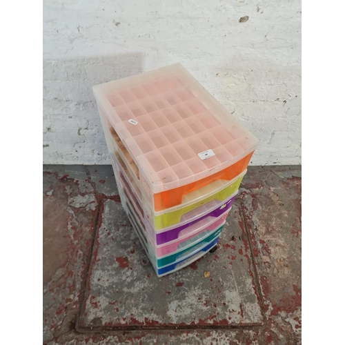 98 - A multi coloured plastic six drawer storage tower - approx. 72cm high x 30cm wide x 42cm deep