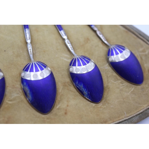 1261 - A cased set of five George V hallmarked Birmingham silver guilloche enamel tea spoons, dated 1919 - ... 