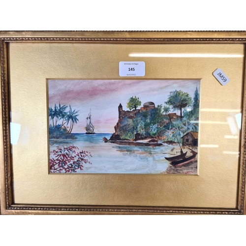 145 - An early 20th century gilt framed watercolour of a Panama beach scene, signed H. A. Shaw and dated 1... 