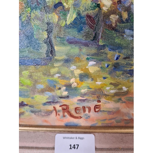 147 - A framed oil on canvas by J. Rene Biagler - approx. 81cm wide x 61cm high