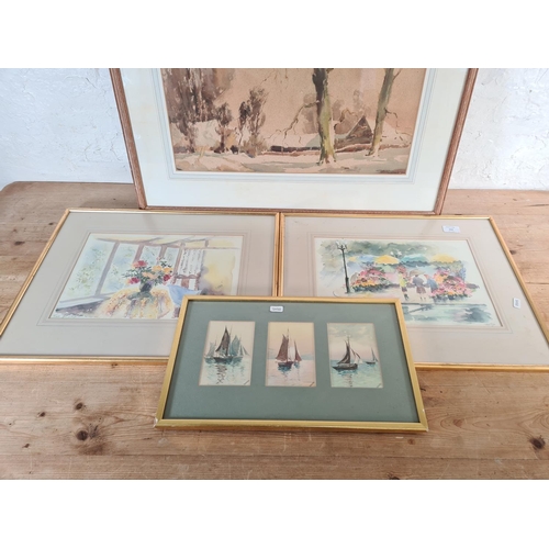 152 - Four framed pictures, three watercolours and one Seppings Wright print