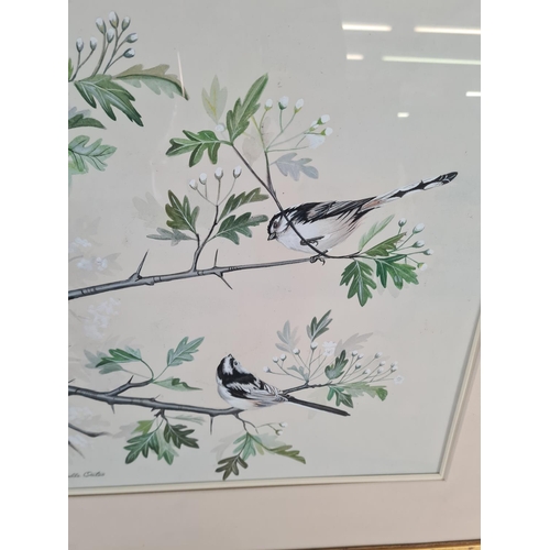 156 - A 1970s framed Michelle Oates Long Tailed Tits watercolour - approx. 63cm wide x 53cm high