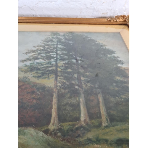 157 - An early 20th century gilt framed oil on canvas of a landscape scene, signed J. Yates and dated 1922... 