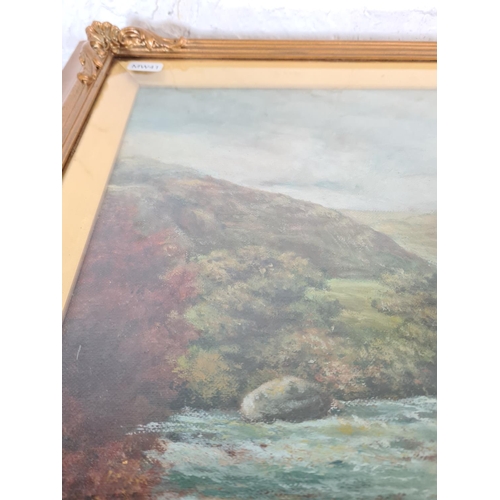 157 - An early 20th century gilt framed oil on canvas of a landscape scene, signed J. Yates and dated 1922... 