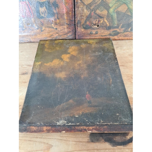 158 - Three antique oil paintings, two of British military scenes - largest approx. 41cm wide x 33cm high