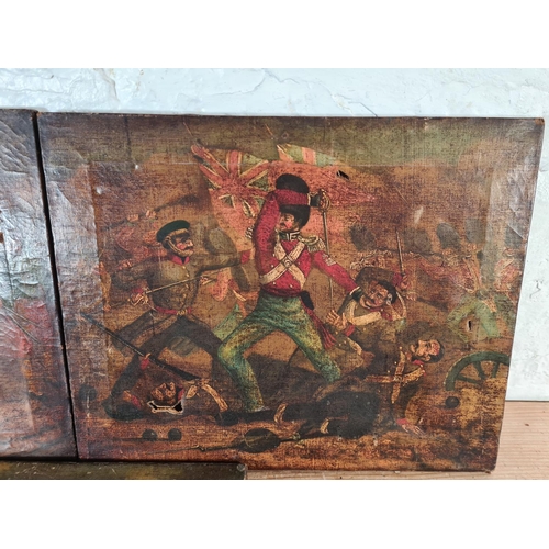 158 - Three antique oil paintings, two of British military scenes - largest approx. 41cm wide x 33cm high