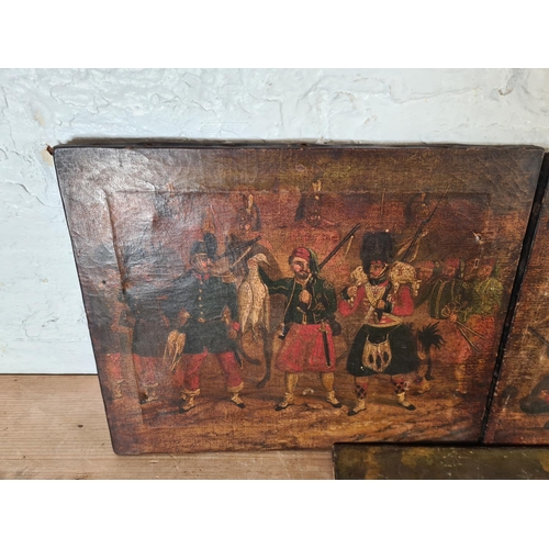 158 - Three antique oil paintings, two of British military scenes - largest approx. 41cm wide x 33cm high