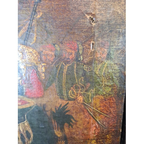 158 - Three antique oil paintings, two of British military scenes - largest approx. 41cm wide x 33cm high