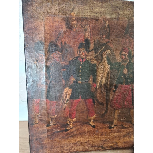 158 - Three antique oil paintings, two of British military scenes - largest approx. 41cm wide x 33cm high