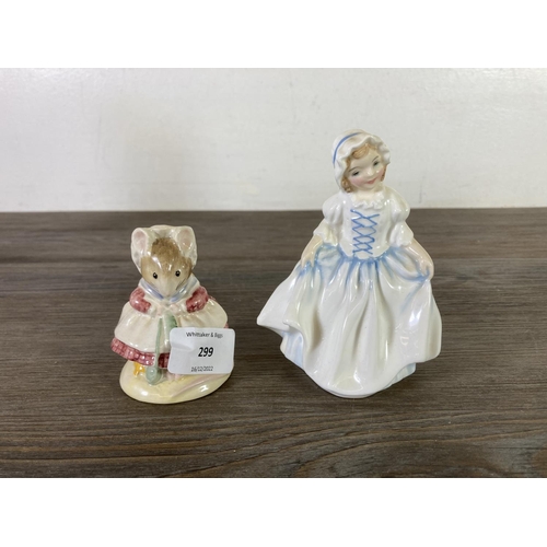 299 - Five ceramic figurines to include Royal Doulton Sandra - HN 2275, Paragon Lady Cynthia, Royal Doulto... 