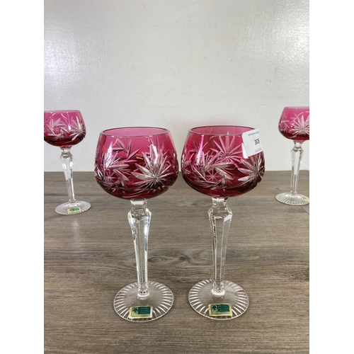 308 - Six Lausitzer Glas cranberry glass mouth blown hand cut hock glasses - approx. 19.5cm high