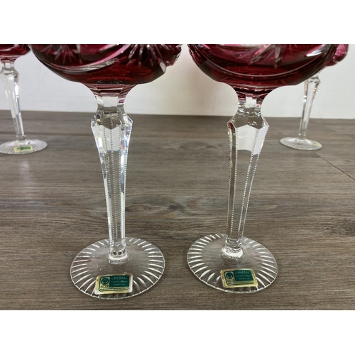 308 - Six Lausitzer Glas cranberry glass mouth blown hand cut hock glasses - approx. 19.5cm high