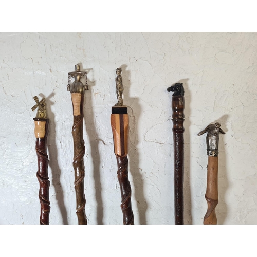 361 - Five vintage novelty walking sticks to include windmill, horse head etc