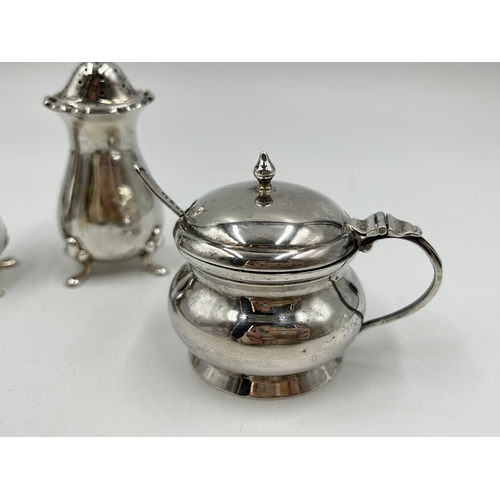 1246 - Three pieces of hallmarked Birmingham silver, one Deakin & Francis Ltd. mustard pot with glass inser... 