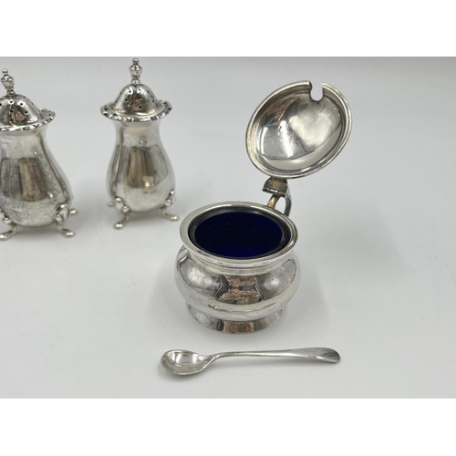 1246 - Three pieces of hallmarked Birmingham silver, one Deakin & Francis Ltd. mustard pot with glass inser... 