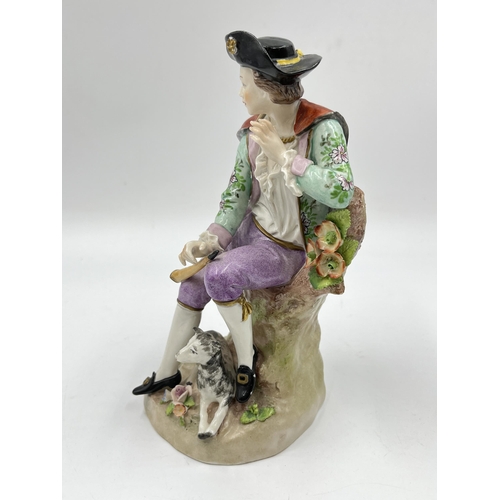 187 - A Sitzendorf hand painted porcelain figurine of a gentleman holding flute with dog - approx. 19cm hi... 