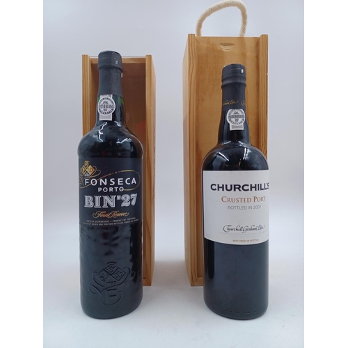 593A - Two boxed 75cl bottles of Port, one Churchill's Crusted  - bottled in 2001 at 19.5% and one Fonseca ... 