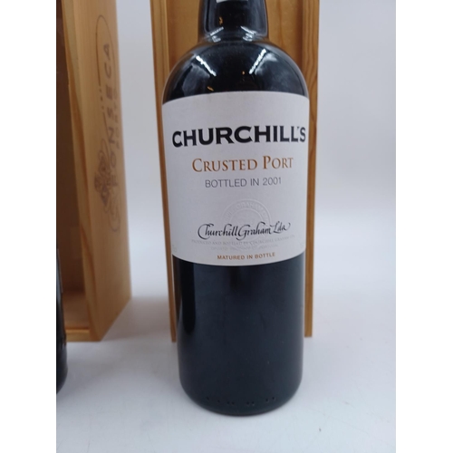 593A - Two boxed 75cl bottles of Port, one Churchill's Crusted  - bottled in 2001 at 19.5% and one Fonseca ... 