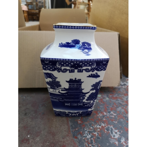 967 - Two boxes containing ceramics to include Ringtons Willow Story vase, Carlton Ware Rouge Royale trink... 