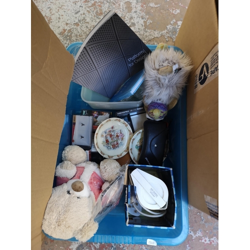 968 - Four boxes and two suitcases containing medals, shoes, four Royal Doulton Bunnykins saucers, large V... 