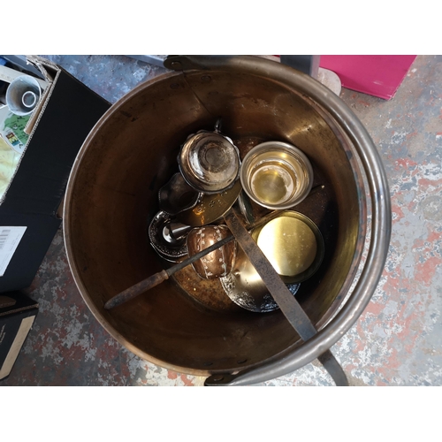 984 - Four boxes containing metalware to include Victorian copper and brass coal bucket, silver plated cut... 