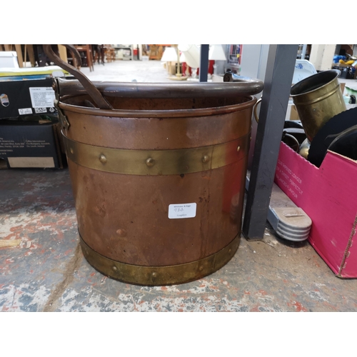 984 - Four boxes containing metalware to include Victorian copper and brass coal bucket, silver plated cut... 