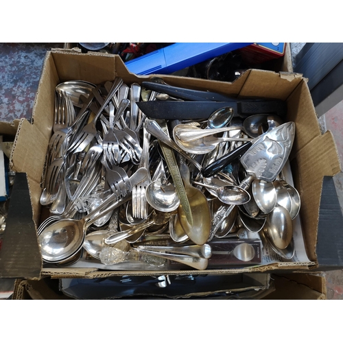 984 - Four boxes containing metalware to include Victorian copper and brass coal bucket, silver plated cut... 