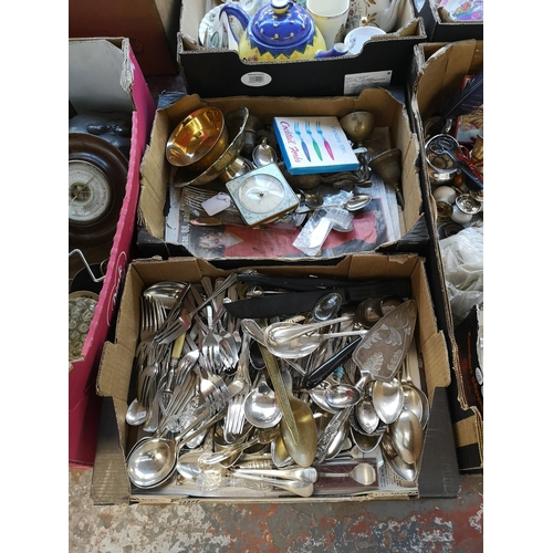 984 - Four boxes containing metalware to include Victorian copper and brass coal bucket, silver plated cut... 