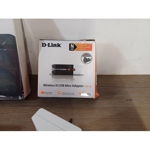 771 - A collection of items to include, boxed and sealed Zyxel wireless gateway, boxed D-Link wireless USB... 